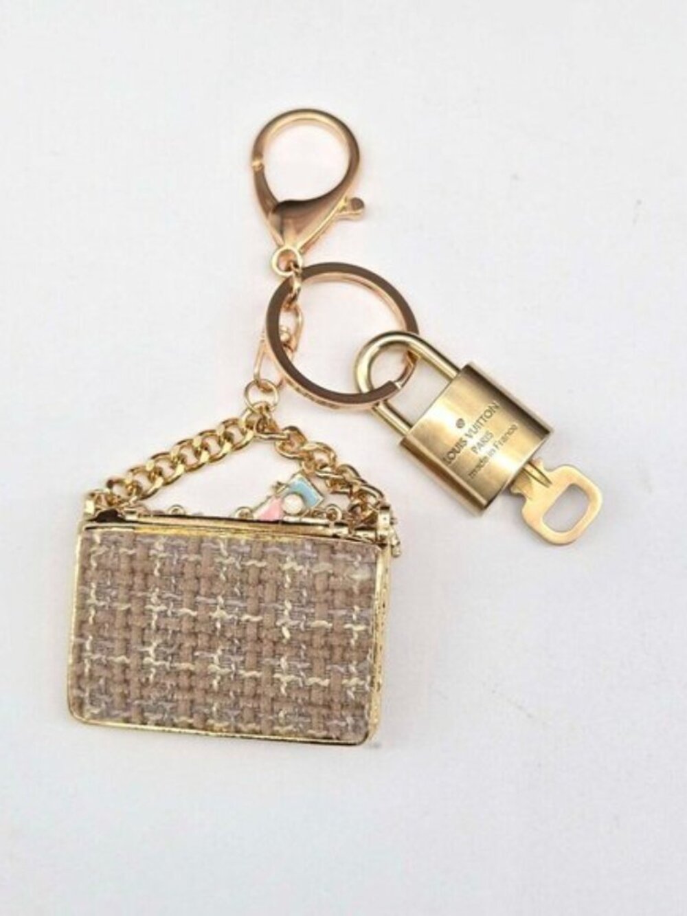 Authentic Louis Vuitton Padlock & Key Gold ✨Unbranded Tweed Bag Charm Keychain - Picture 6 of 10